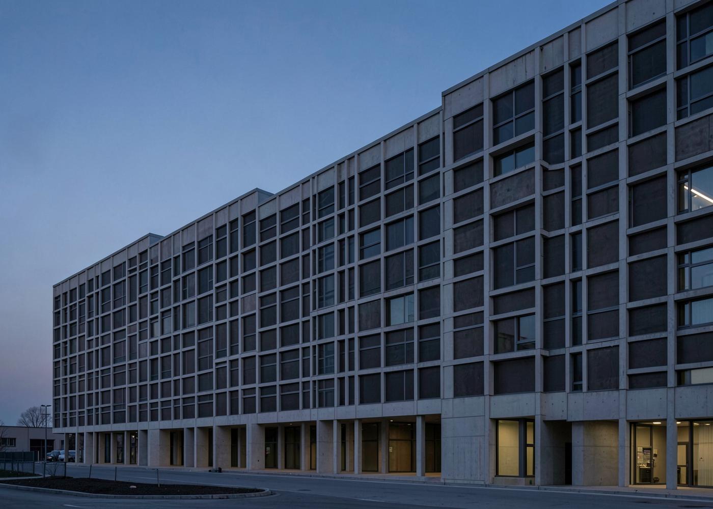 Concrete grid facade of a modern data centre building photographed at dusk