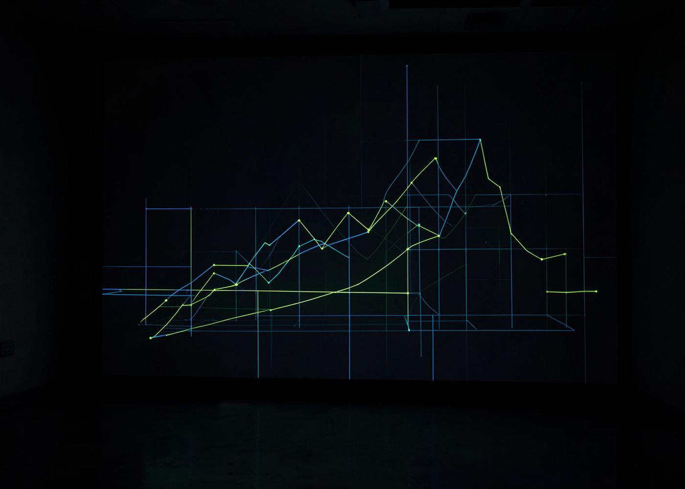 Abstract line chart projected in green and blue on a large screen in a dark room