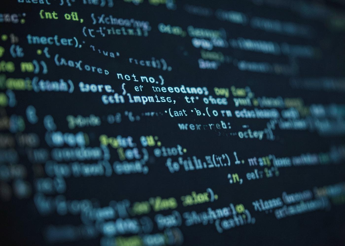 Close-up of source code displayed on a dark monitor with shallow depth of field
