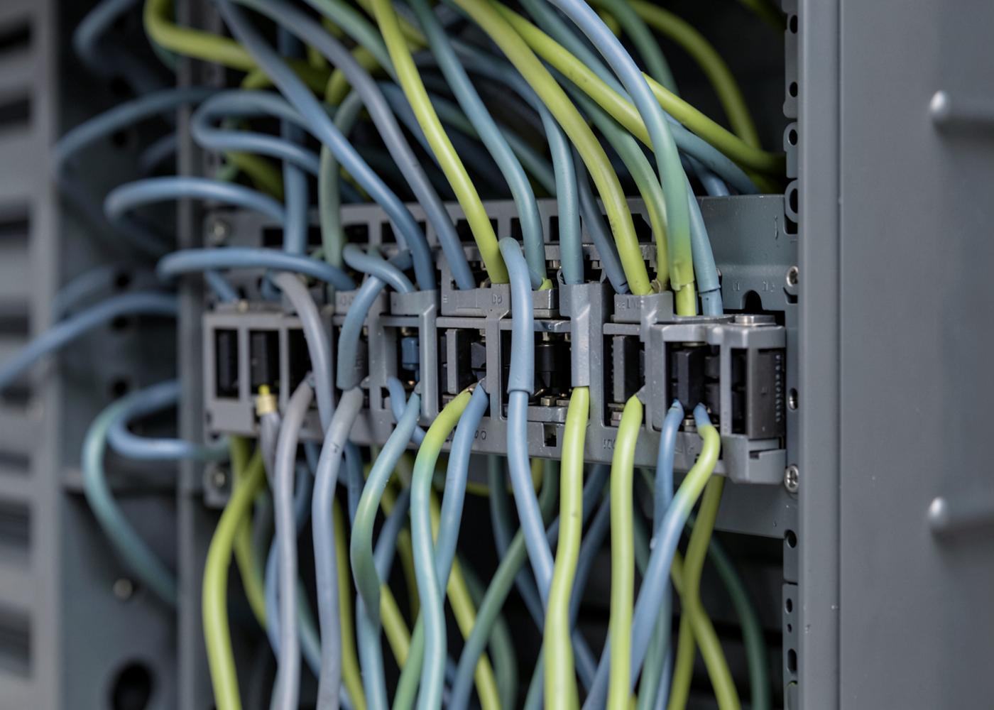 Network patch panel in a grey rack with neatly routed blue and green ethernet cables