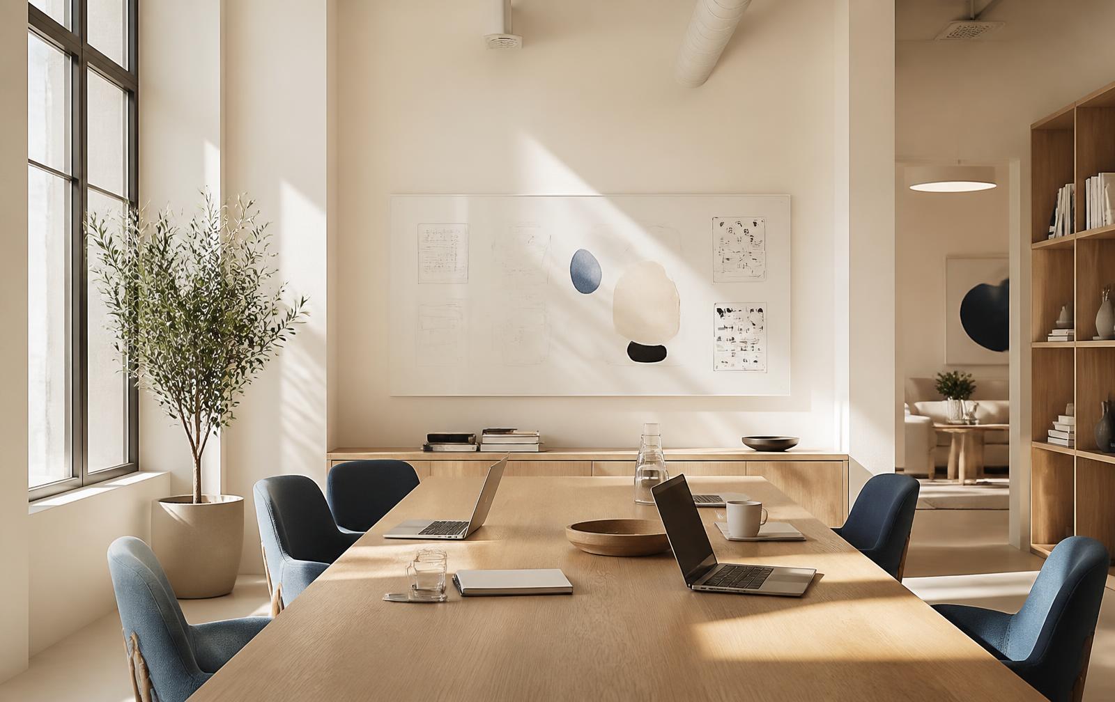 Bright ivory meeting room with a long oak table, open laptops and a whiteboard of abstract diagrams